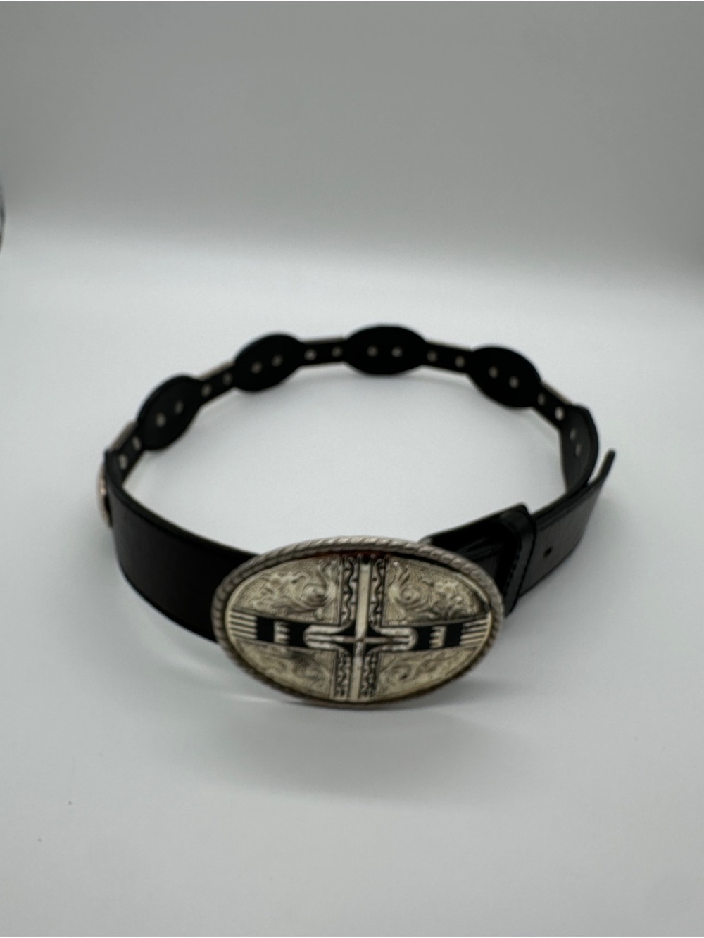 Black Leather like Belt with Silver-Tone Oval Buckle small